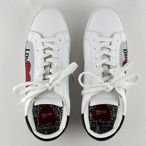 NWT Love Moschino Women's White Black Leather Low Top Sneakers Logo  Size 10/41 - Picture 3 of 16